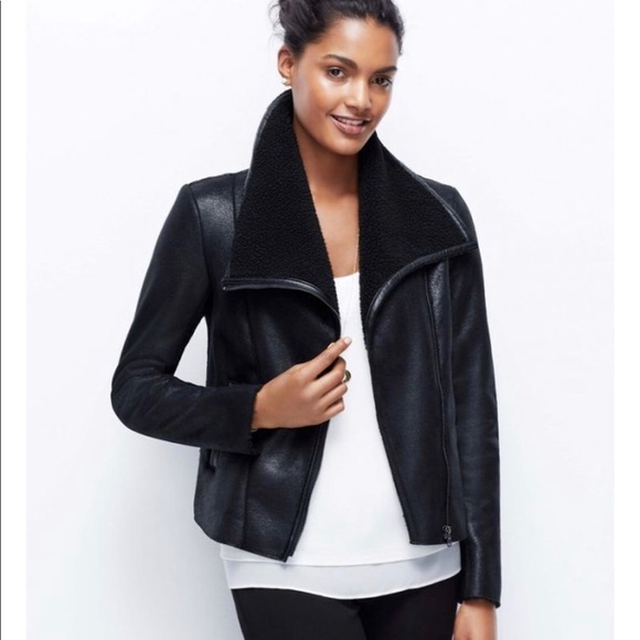 Ann Taylor Jackets & Blazers - Asymmetrical Black Shearling Faux Leather Coat
